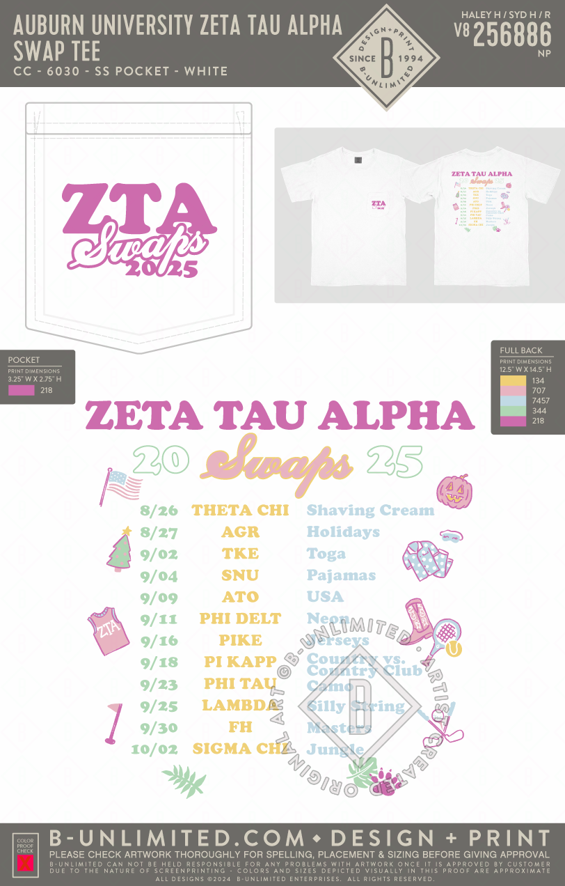 Auburn University Zeta Tau Alpha - Swap Tee - CC - 6030 - SS Pocket - White