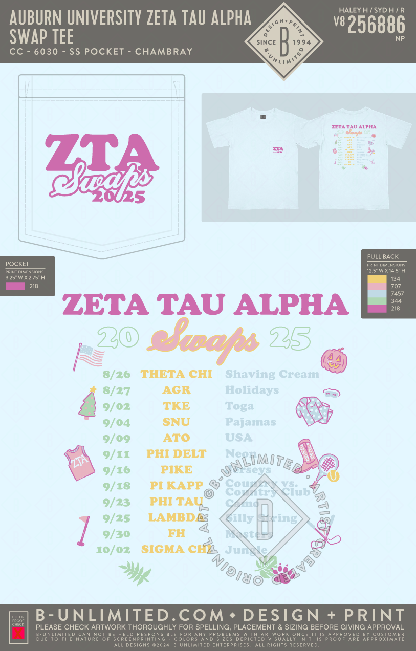 Auburn University Zeta Tau Alpha - Swap Tee - CC - 6030 - SS Pocket - Chambray