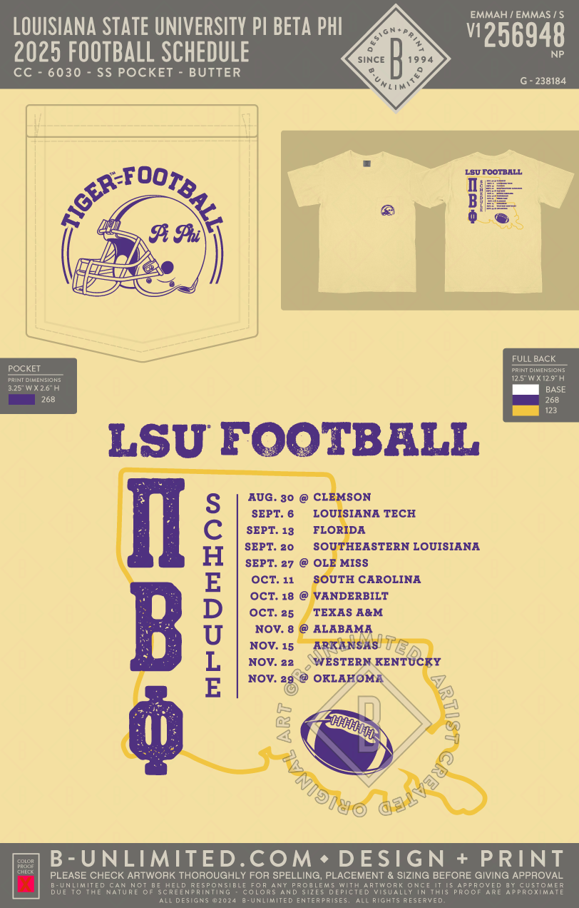Louisiana State University Pi Beta Phi - 2025 Football Schedule - CC - 6030 - SS Pocket - Butter