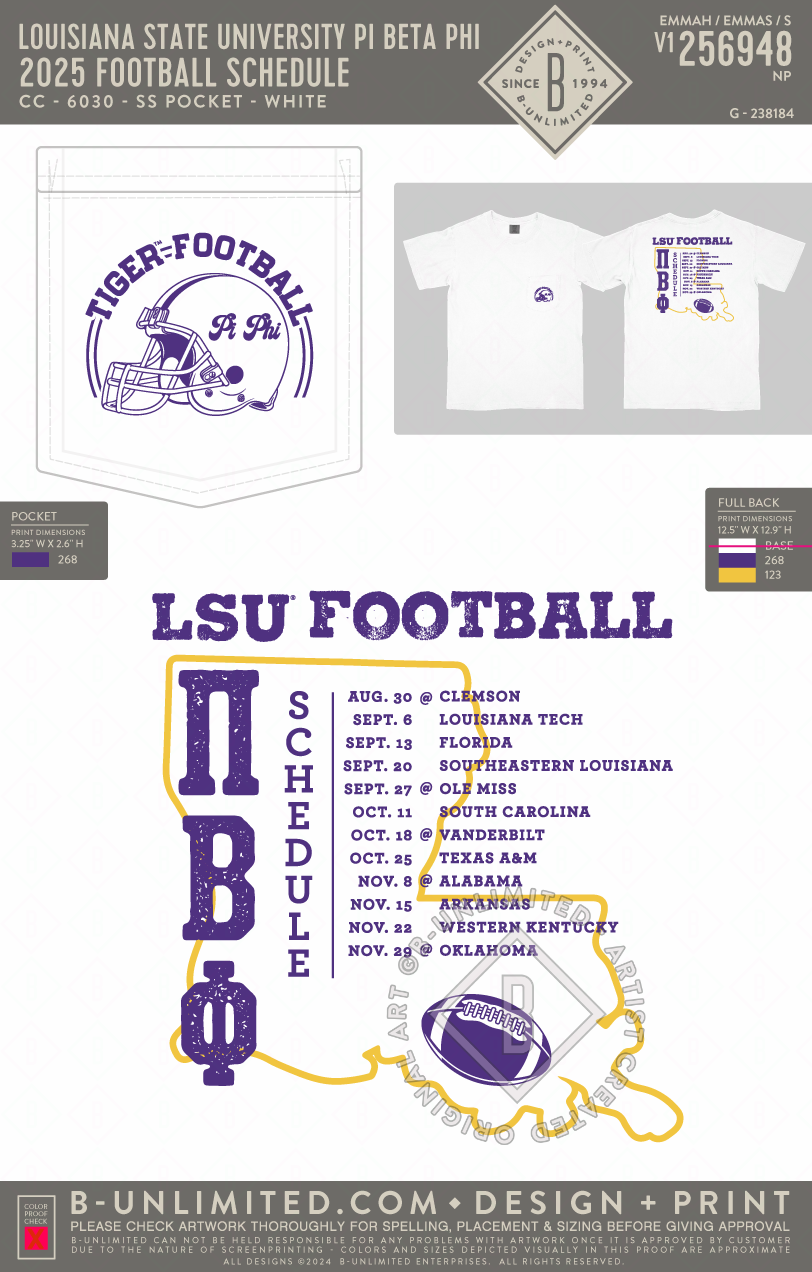 Louisiana State University Pi Beta Phi - 2025 Football Schedule - CC - 6030 - SS Pocket - White