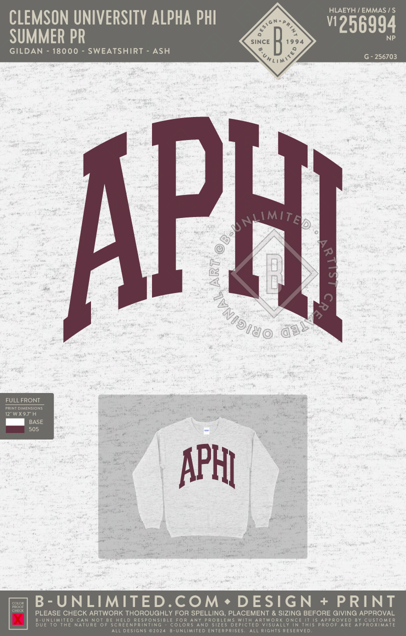 Clemson University Alpha Phi - Summer PR(EOS26) - Gildan - 18000 - Crewneck Sweatshirt - Ash Grey