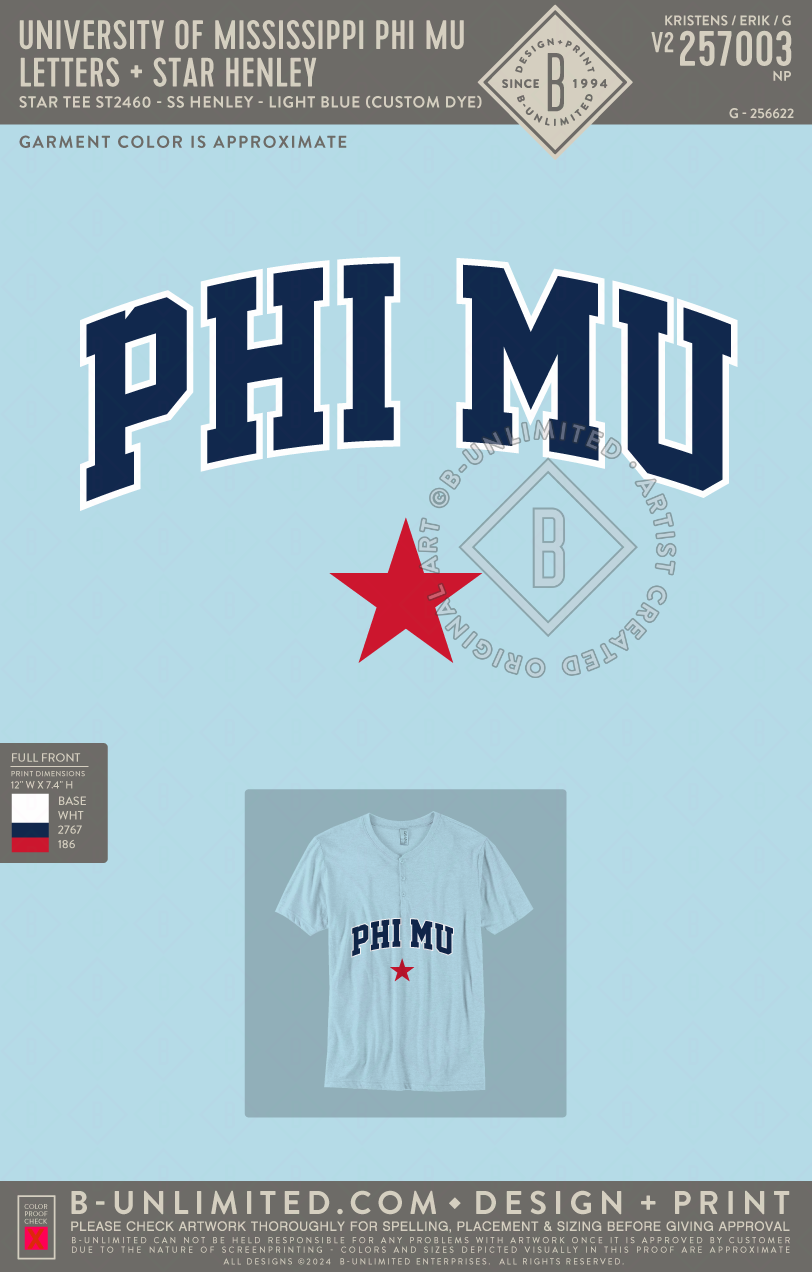 University of Mississippi Phi Mu - Letters + Star - Star Tee - ST2460 - SS Henley - Light Blue (Custom Dyed)
