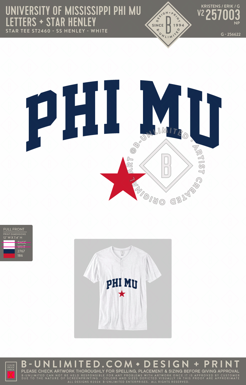 University of Mississippi Phi Mu - Letters + Star - Star Tee - ST2460 - SS Henley - White