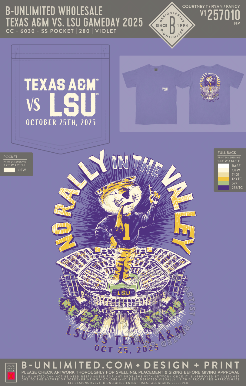 B-Unlimited Wholesale - Texas A&M vs. LSU Gameday 2025 - CC - 6030 - SS Pocket - Violet