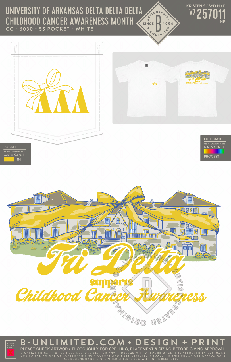 University of Arkansas Delta Delta Delta - Childhood Cancer Awareness Month - CC - 6030 - SS Pocket - White