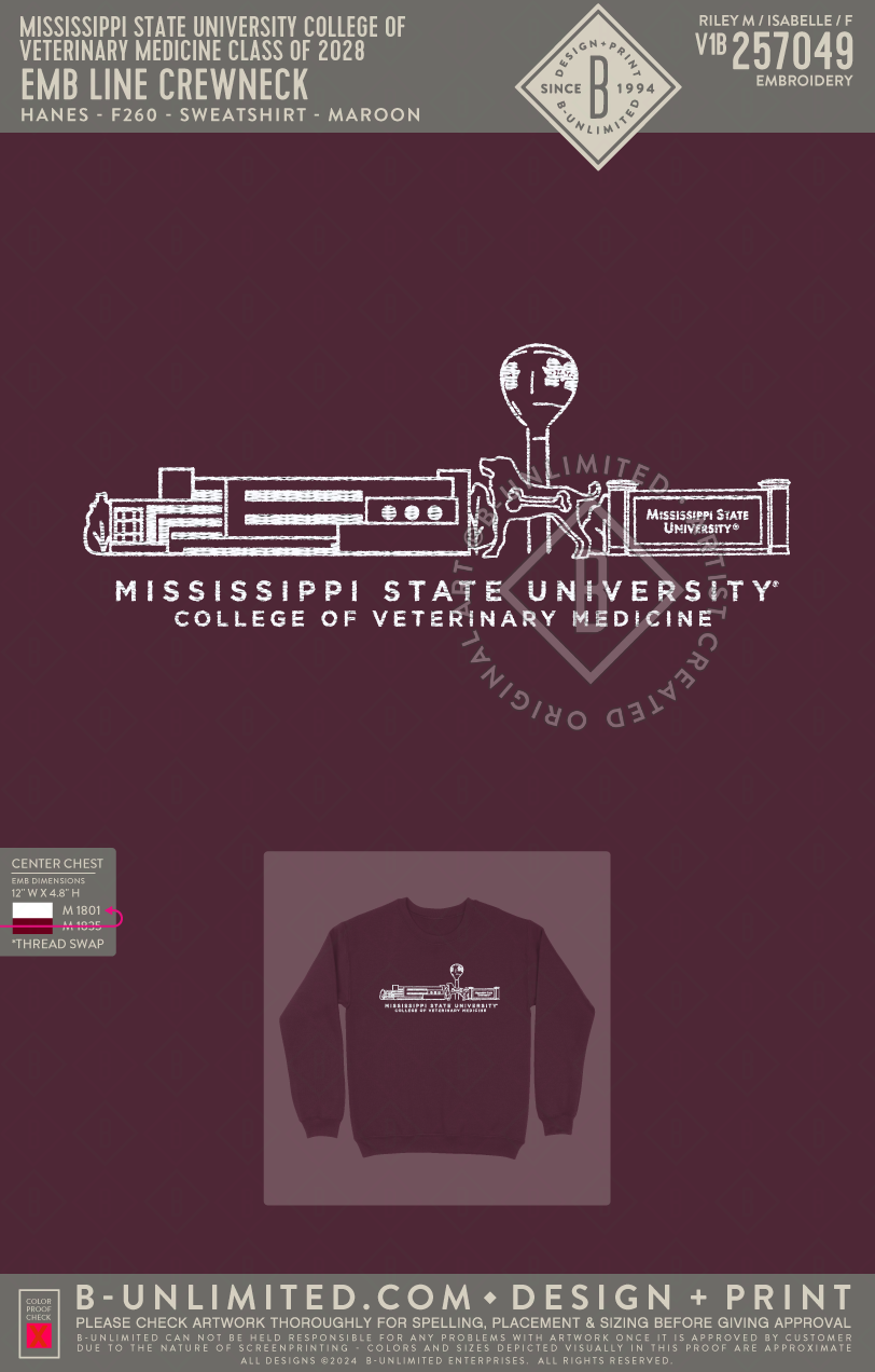 Mississippi State University College of Veterinary Medicine class of 2028 - EMB Line Crewneck - Hanes - F260 - Sweatshirt - Maroon