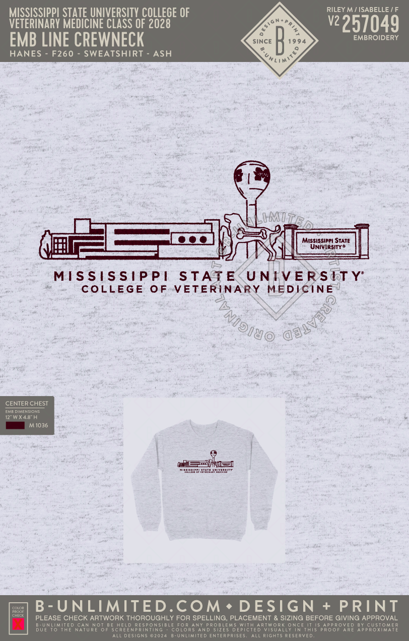 Mississippi State University College of Veterinary Medicine class of 2028 - EMB Line Crewneck - maroon thread - Hanes - F260 - Sweatshirt - Ash