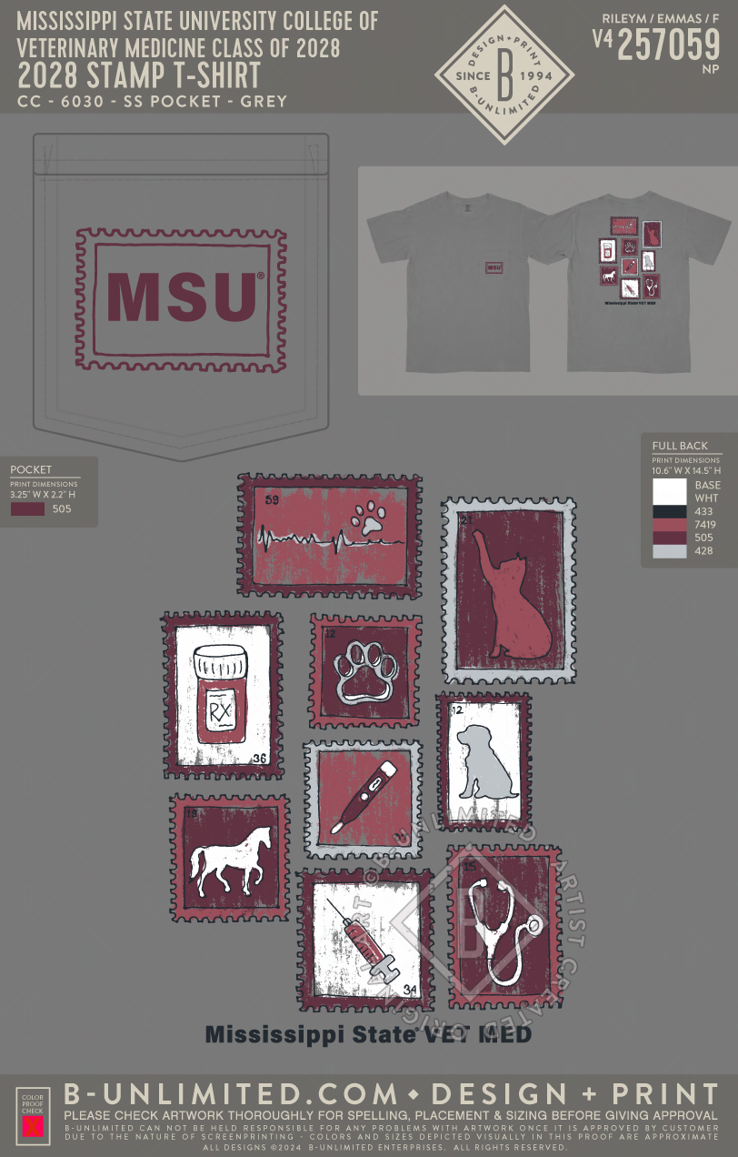 Mississippi State University College of Veterinary Medicine class of 2028 - 2028 Stamp T-shirt - CC - 6030 - SS Pocket - Grey