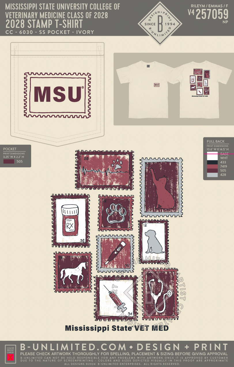 Mississippi State University College of Veterinary Medicine class of 2028 - 2028 Stamp T-shirt - CC - 6030 - SS Pocket - Ivory