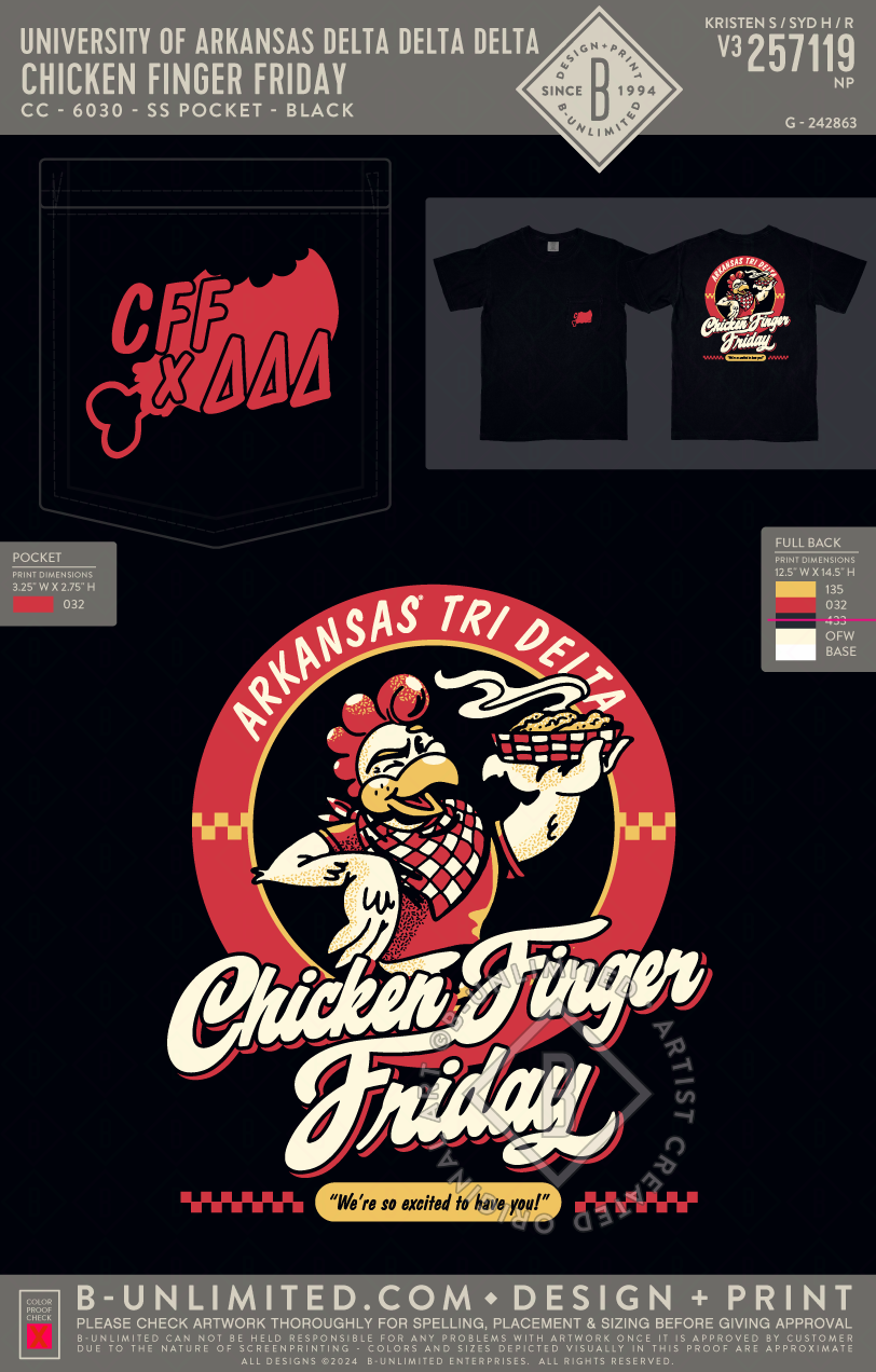 University of Arkansas Delta Delta Delta - Chicken Finger Friday - CC - 6030 - SS Pocket - Black