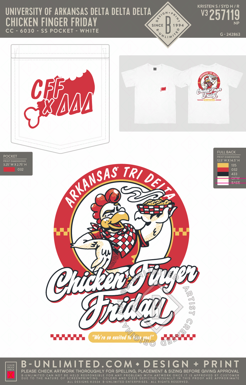 University of Arkansas Delta Delta Delta - Chicken Finger Friday - CC - 6030 - SS Pocket - White
