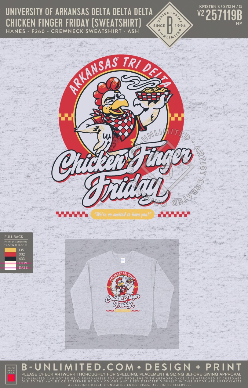 University of Arkansas Delta Delta Delta - Chicken Finger Friday (Sweatshirt) - Hanes - F260 - Sweatshirt - Ash