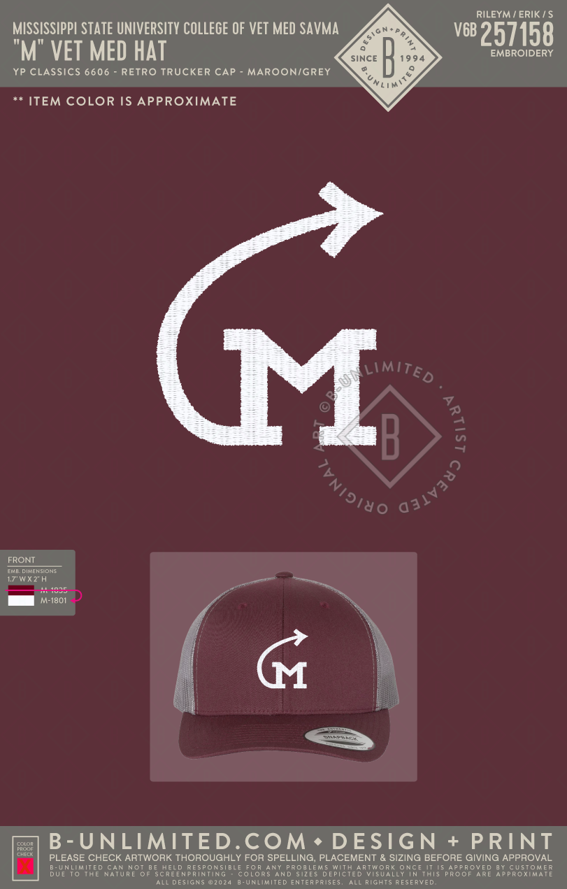Mississippi State University American Association of Equine Practitioners - "M" Vet Med Hat - Yupoong - 6606 - Trucker Hat - Maroon/ Grey