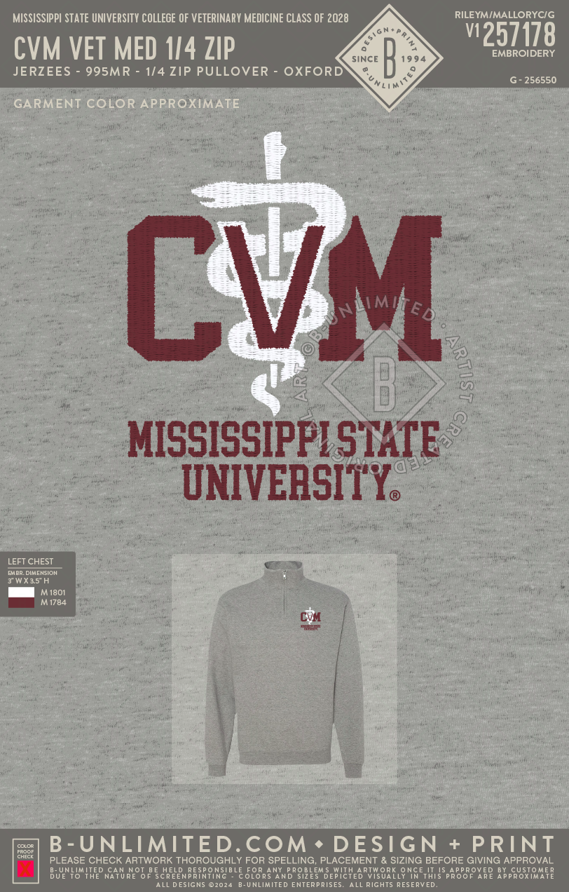 Mississippi State University College of Veterinary Medicine class of 2028 - CVM Vet Med 1/4 Zip - Jerzees - 995MR - 1/4 Zip Pullover - Oxford