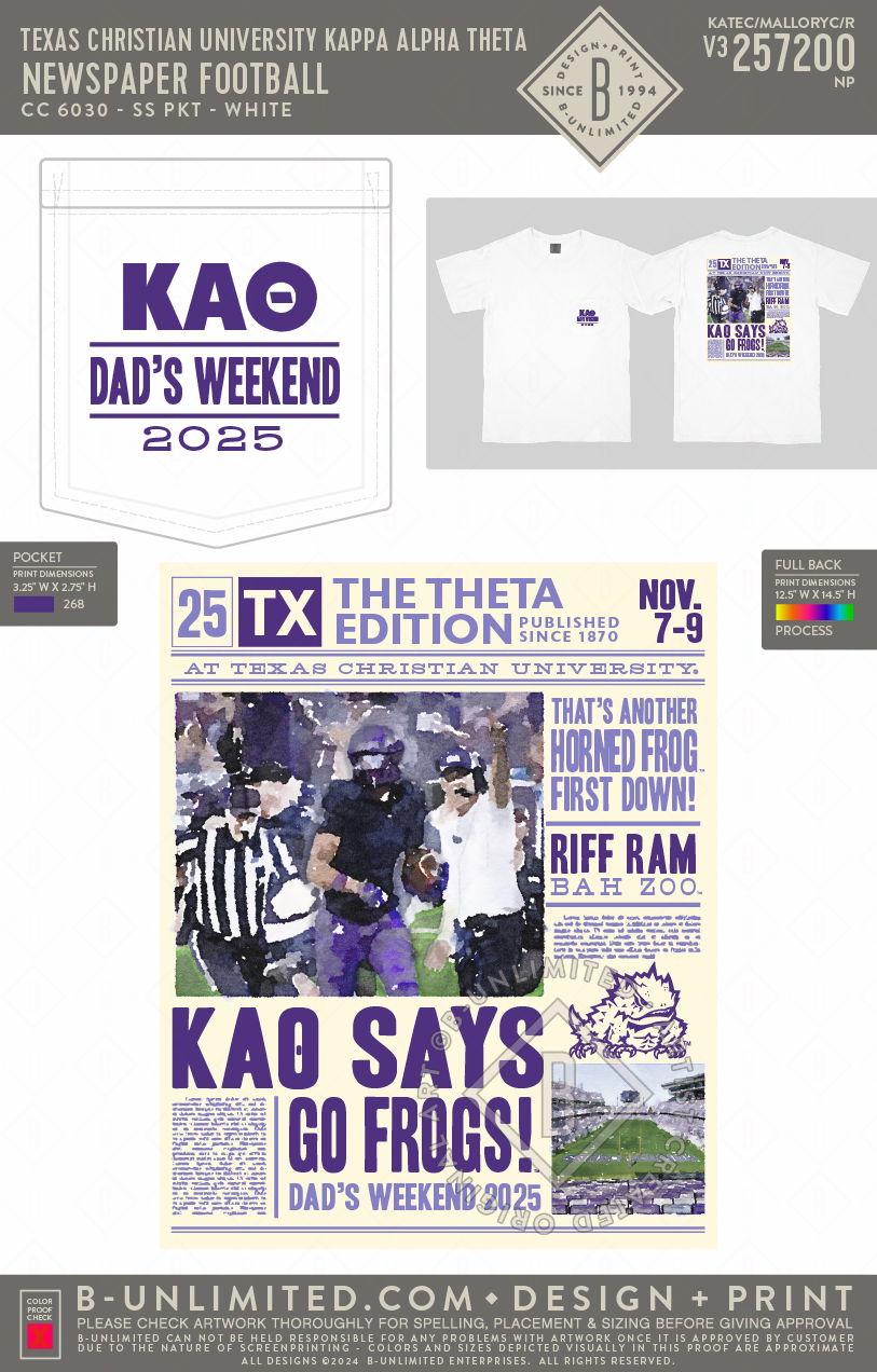 Texas Christian University Kappa Alpha Theta - Newspaper Football - CC - 6030 - SS Pocket - White