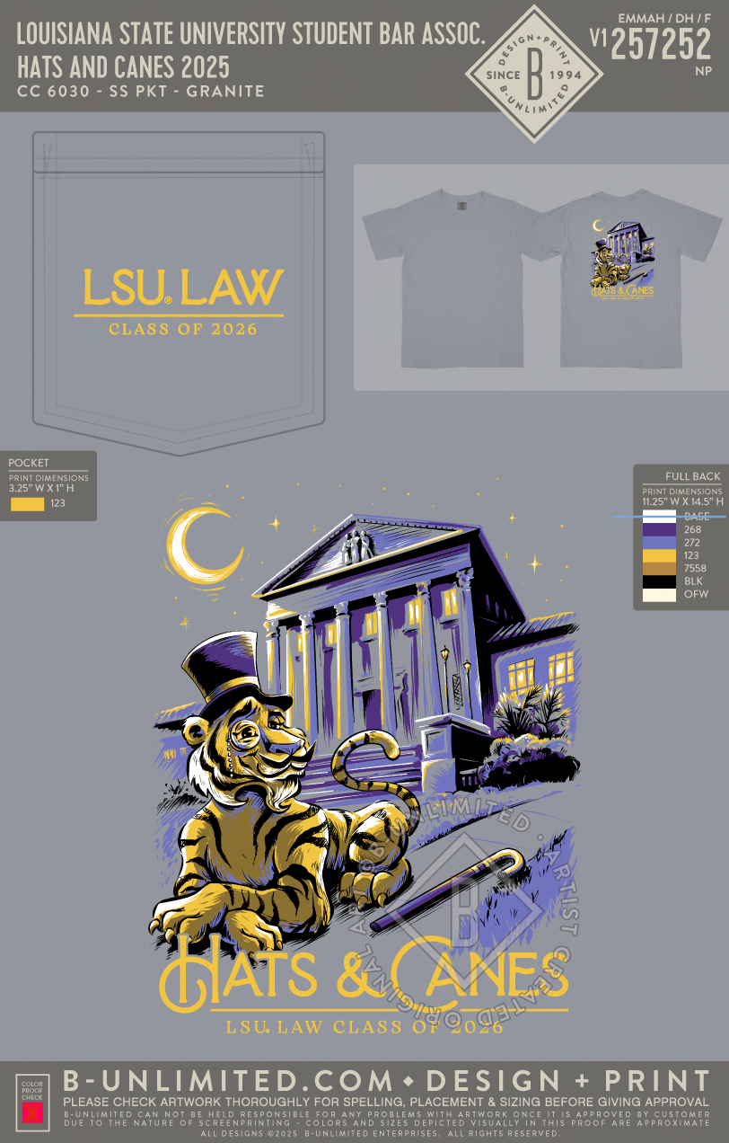 Louisiana State University Student Bar Association - Hats and Canes 2025 - CC - 6030 - SS Pocket - Granite