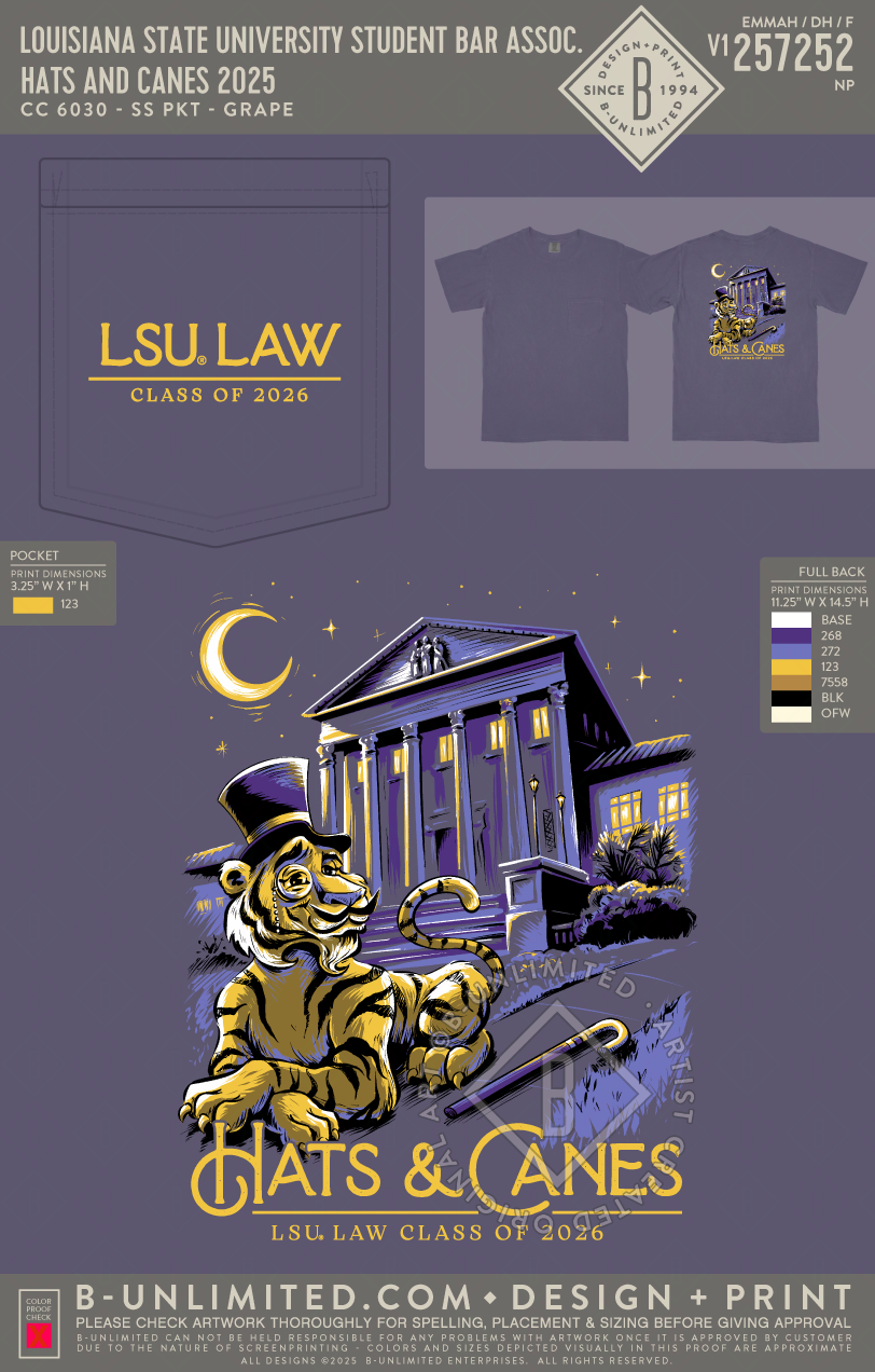 Louisiana State University Student Bar Association - Hats and Canes 2025 - CC - 6030 - SS Pocket - Grape