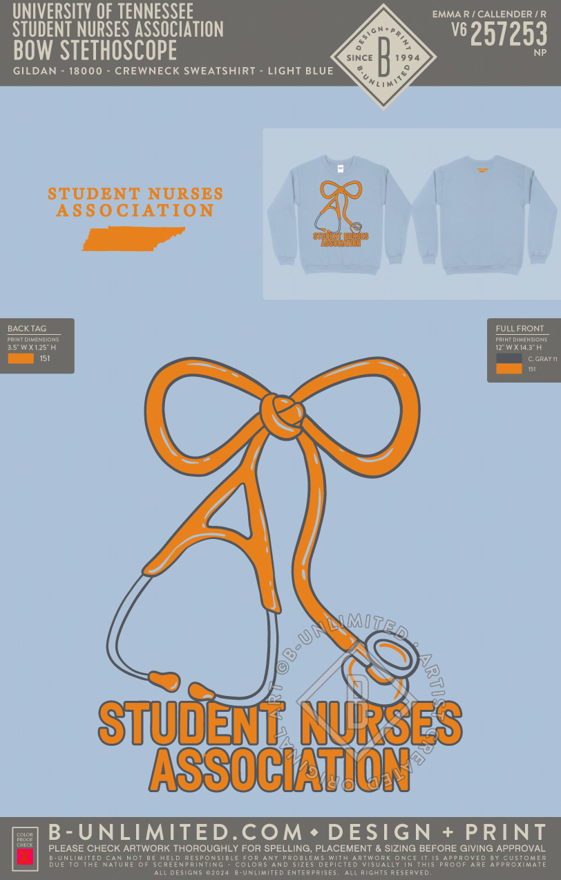 University of Tennessee Student Nurses Association - Bow Stethoscope - Gildan - 18000 - Crewneck Sweatshirt - Light Blue