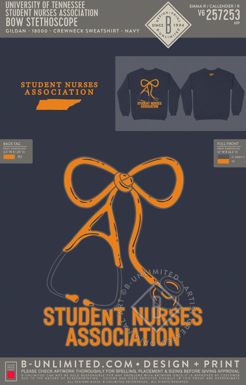 University of Tennessee Student Nurses Association - Bow Stethoscope - Gildan - 18000 - Crewneck Sweatshirt - Navy