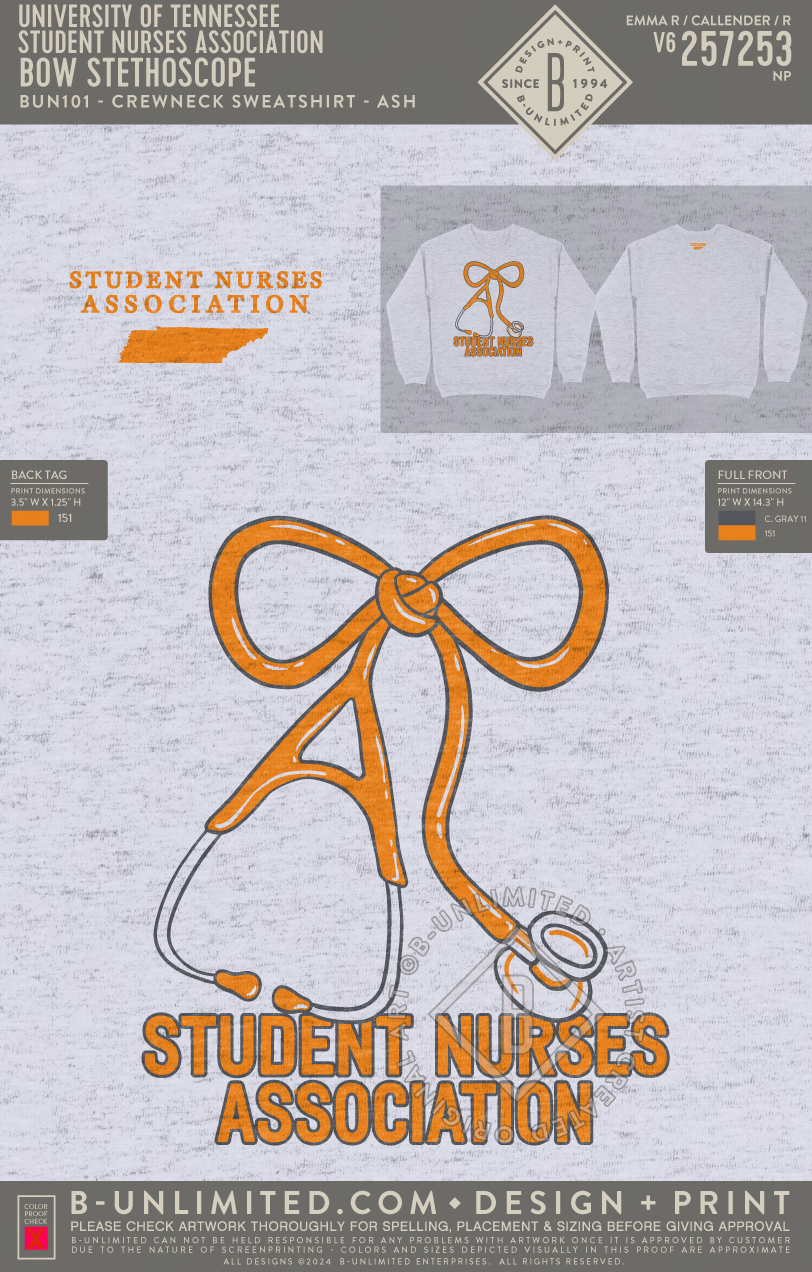 University of Tennessee Student Nurses Association - Bow Stethoscope - B-Unlimited BUN101 - Ash