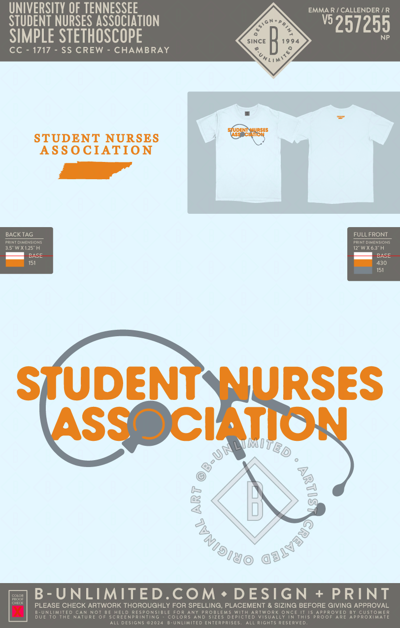 University of Tennessee Student Nurses Association - Simple Stethoscope - CC - 1717 - SS Crew - Chambray