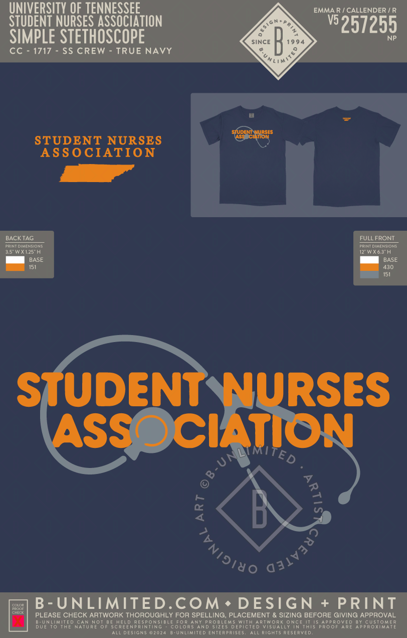 University of Tennessee Student Nurses Association - Simple Stethoscope - CC - 1717 - SS Crew - True Navy