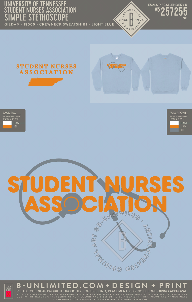 University of Tennessee Student Nurses Association - Simple Stethoscope - Gildan - 18000 - Crewneck Sweatshirt - Light Blue