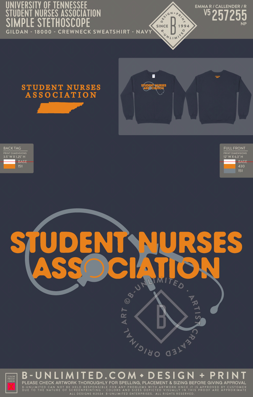 University of Tennessee Student Nurses Association - Simple Stethoscope - Gildan - 18000 - Crewneck Sweatshirt - Navy