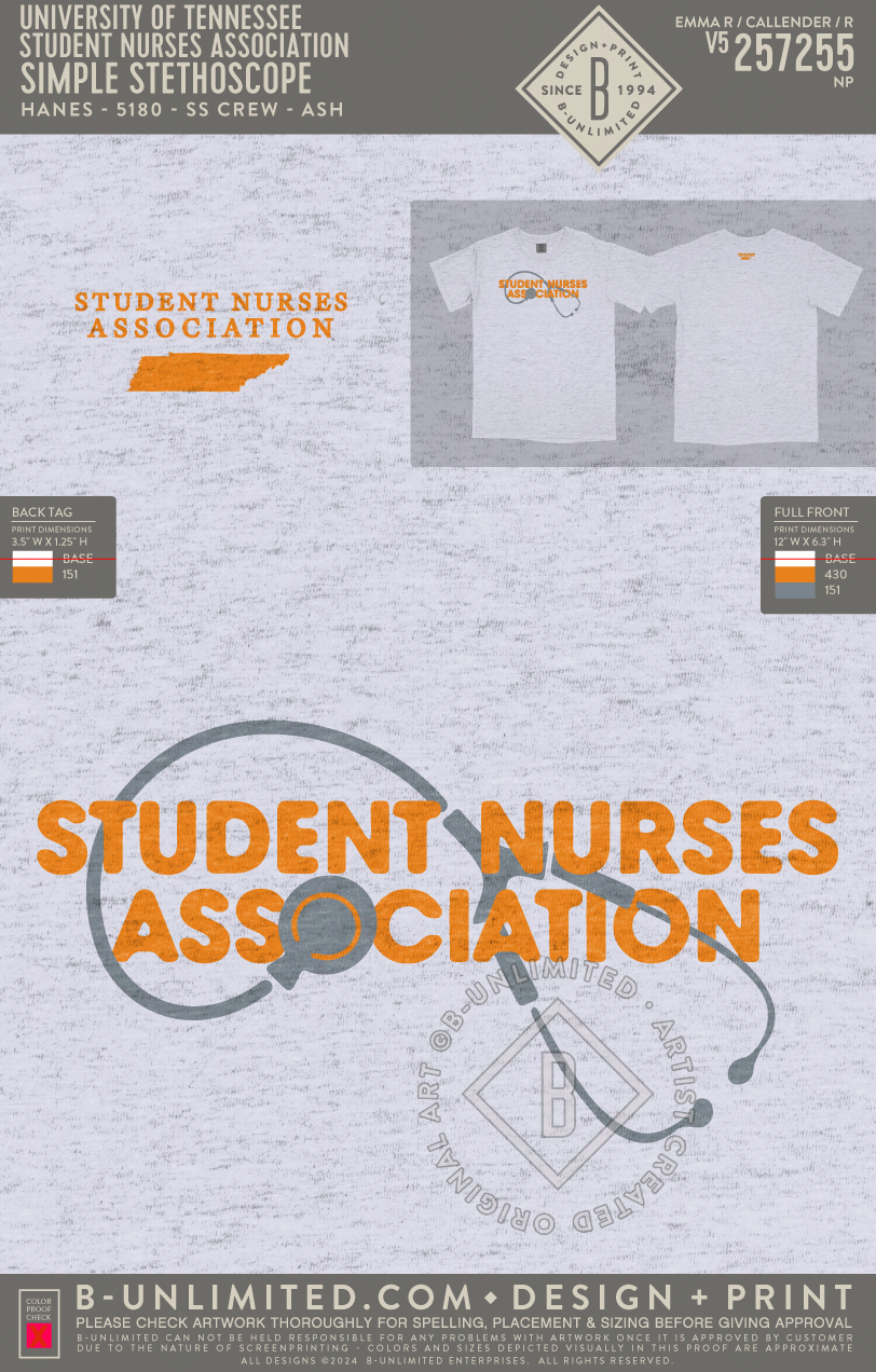 University of Tennessee Student Nurses Association - Simple Stethoscope - Hanes - 5180 - SS Beefy Crew - Ash