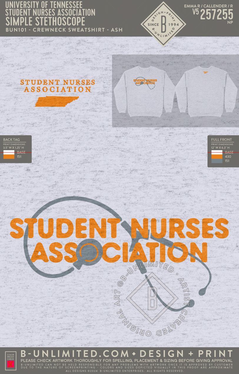 University of Tennessee Student Nurses Association - Simple Stethoscope - B-Unlimited BUN101 - Ash
