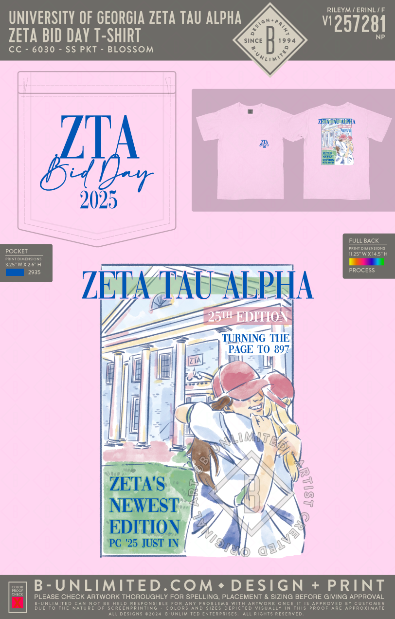 University of Georgia Zeta Tau Alpha - Zeta Bid Day T-shirt - CC - 6030 - SS Pocket - Blossom