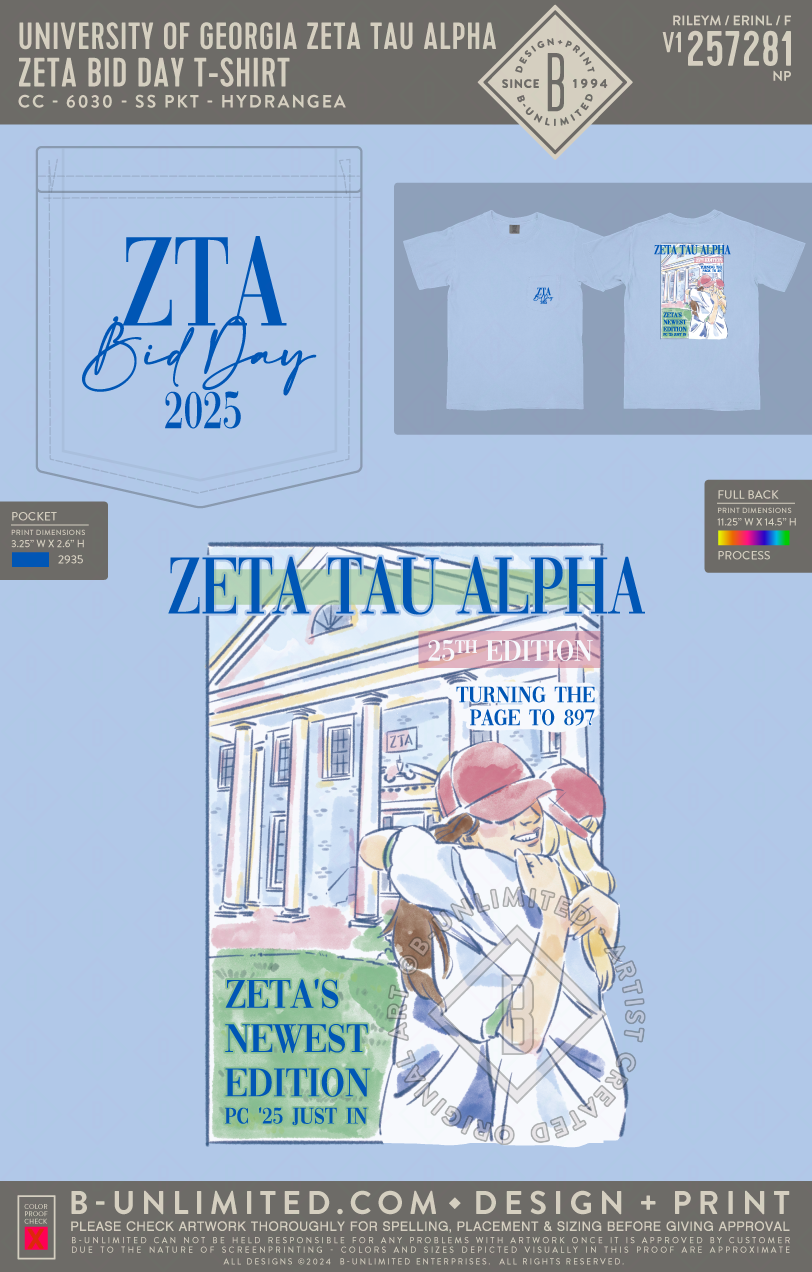 University of Georgia Zeta Tau Alpha - Zeta Bid Day T-shirt - CC - 6030 - SS Pocket - Hydrangea