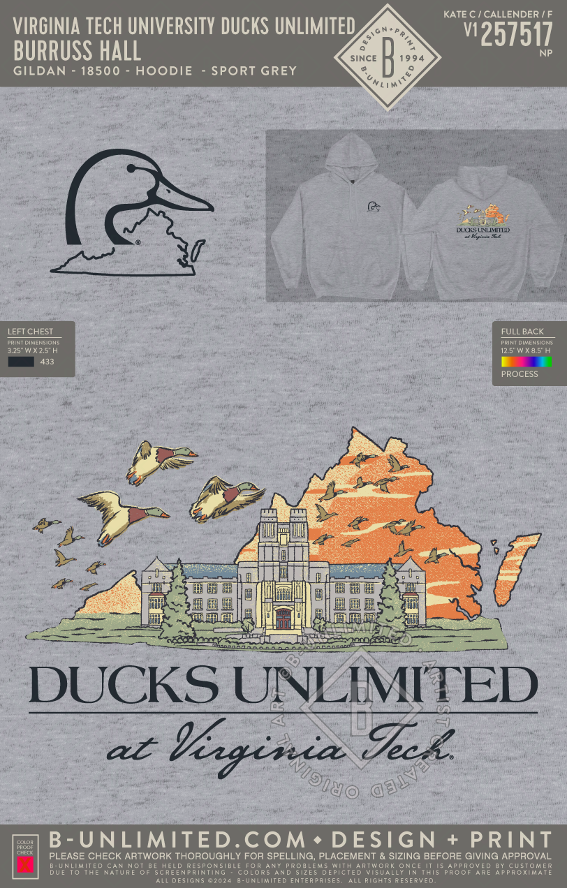 Virginia Tech University Ducks Unlimited - Burruss Hall - Gildan - 18500 - Hoodie - Sport Grey