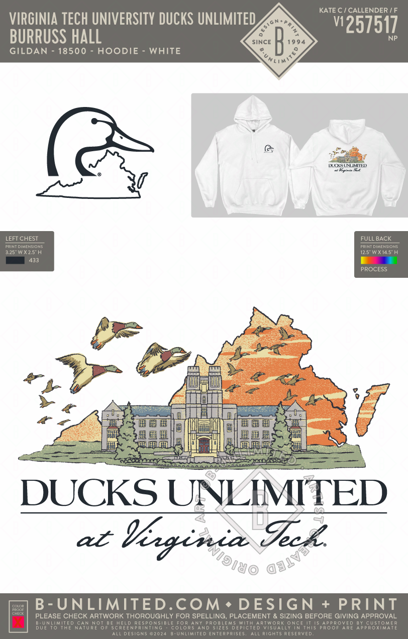 Virginia Tech University Ducks Unlimited - Burruss Hall - Gildan - 18500 - Hoodie - White