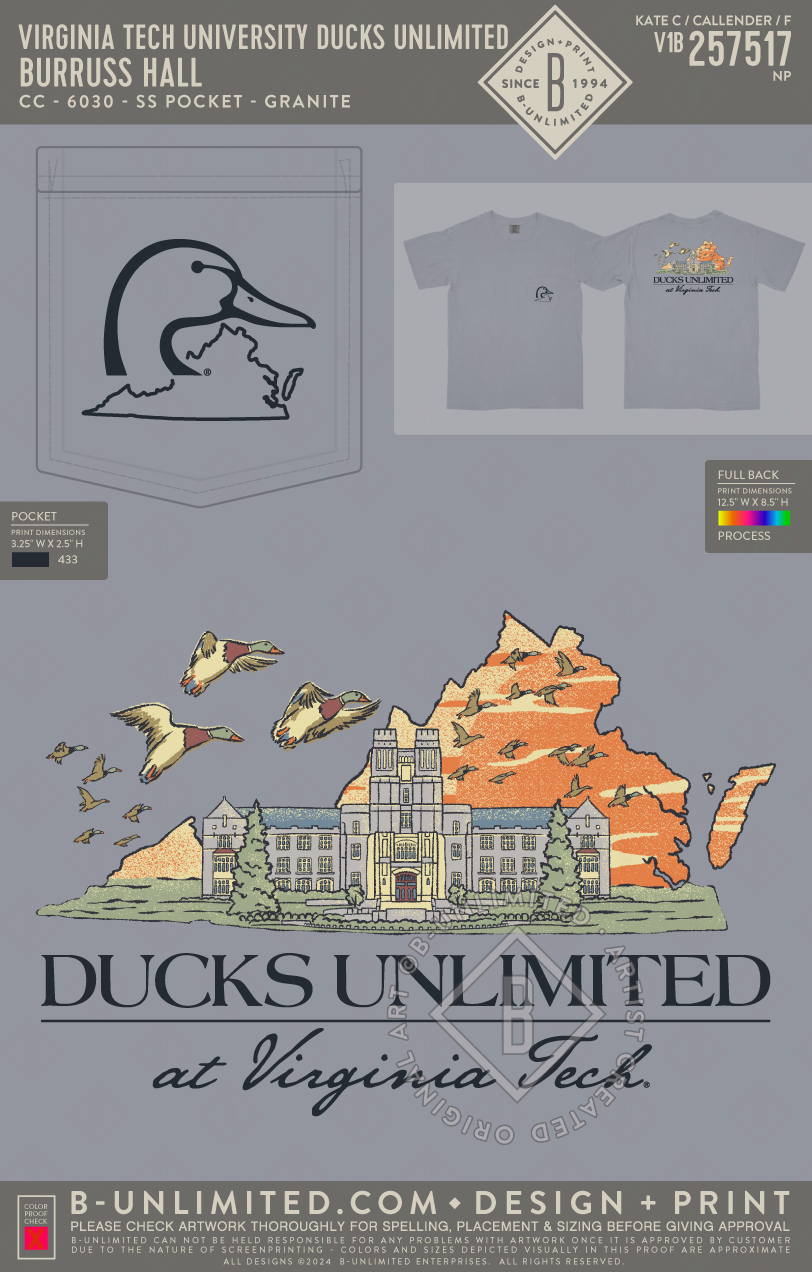 Virginia Tech University Ducks Unlimited - Burruss Hall - CC - 6030 - SS Pocket - Granite