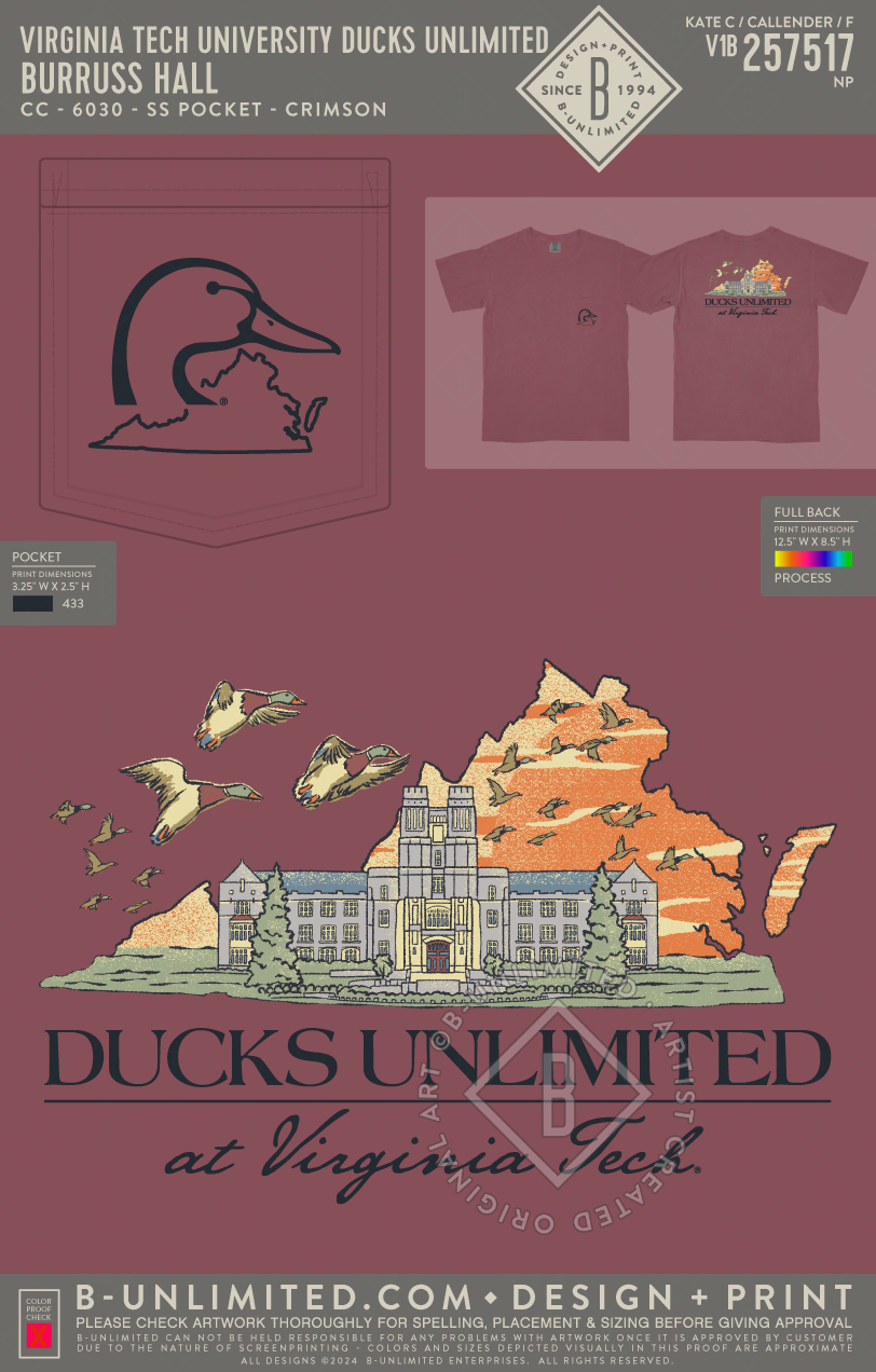 Virginia Tech University Ducks Unlimited - Burruss Hall - CC - 6030 - SS Pocket - Crimson