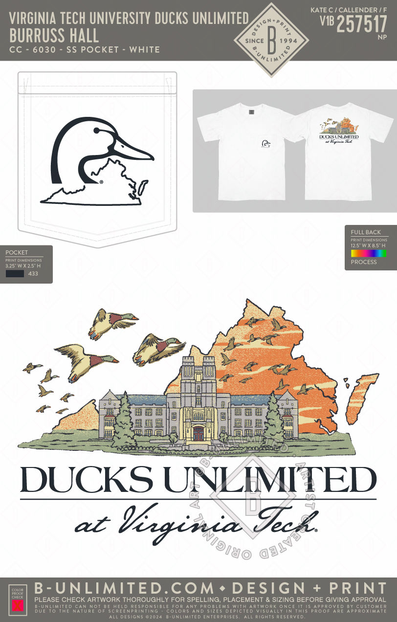 Virginia Tech University Ducks Unlimited - Burruss Hall - CC - 6030 - SS Pocket - White