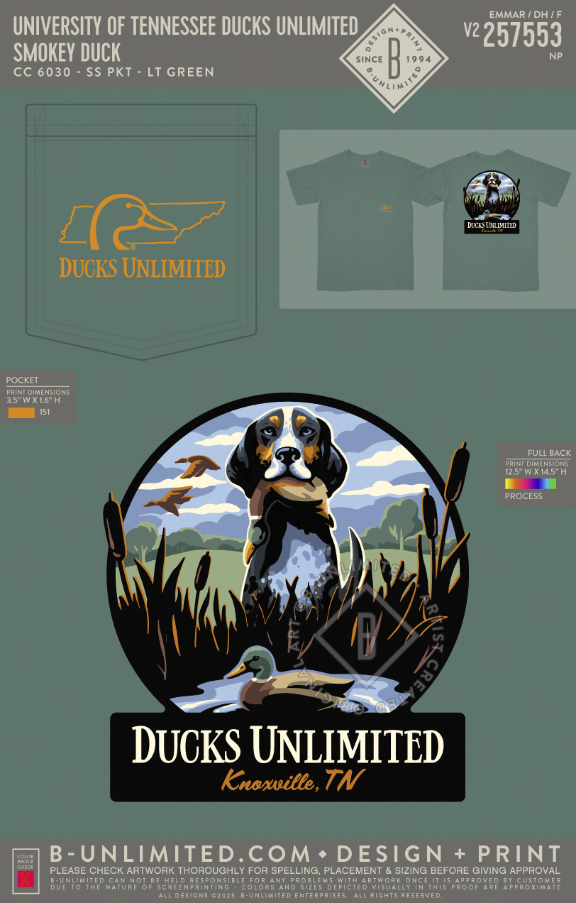 University of Tennessee Ducks Unlimited - Smokey Duck - CC - 6030 - SS Pocket - Light Green