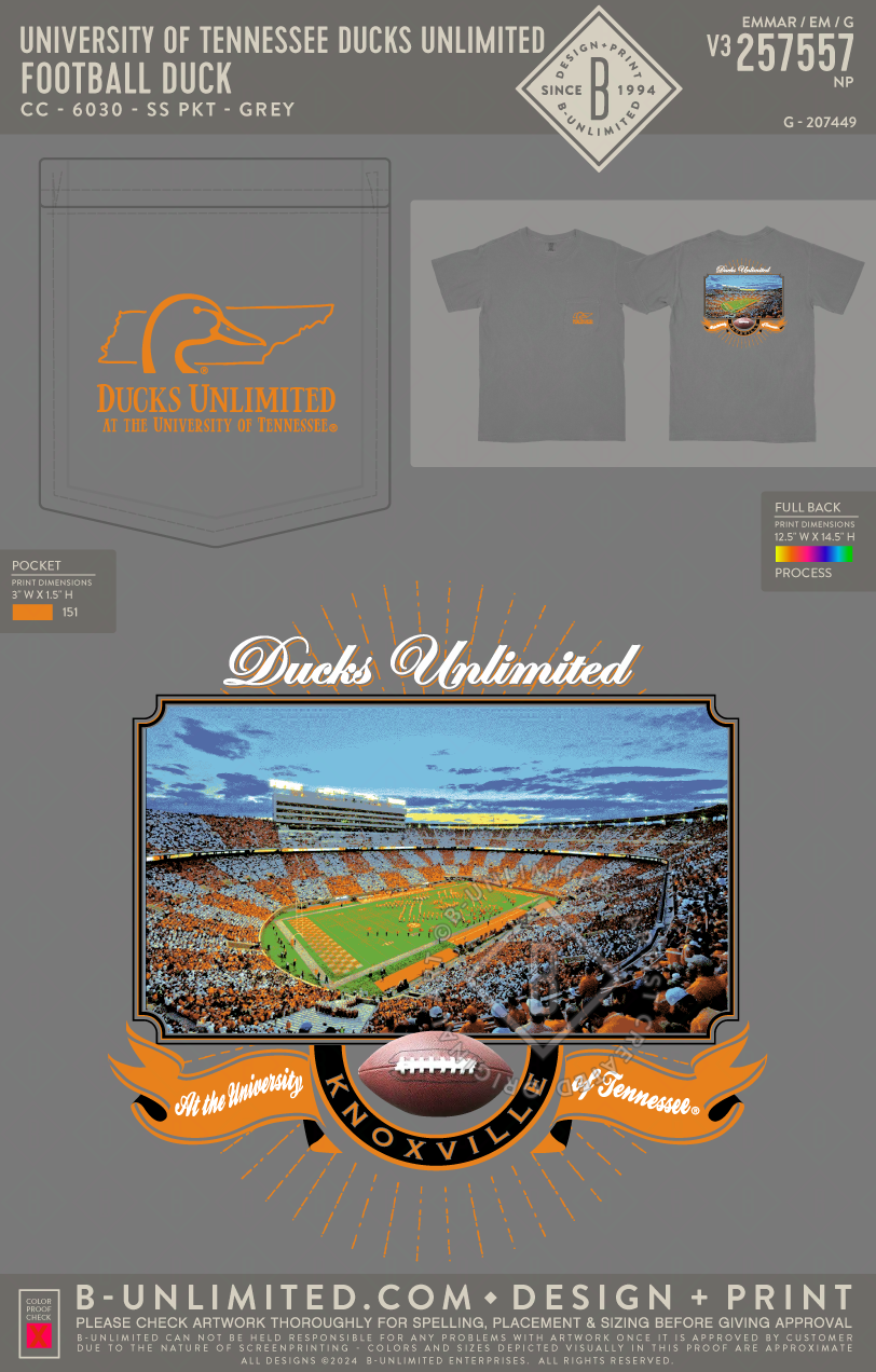 University of Tennessee Ducks Unlimited - Football Duck - CC - 6030 - SS Pocket - Grey