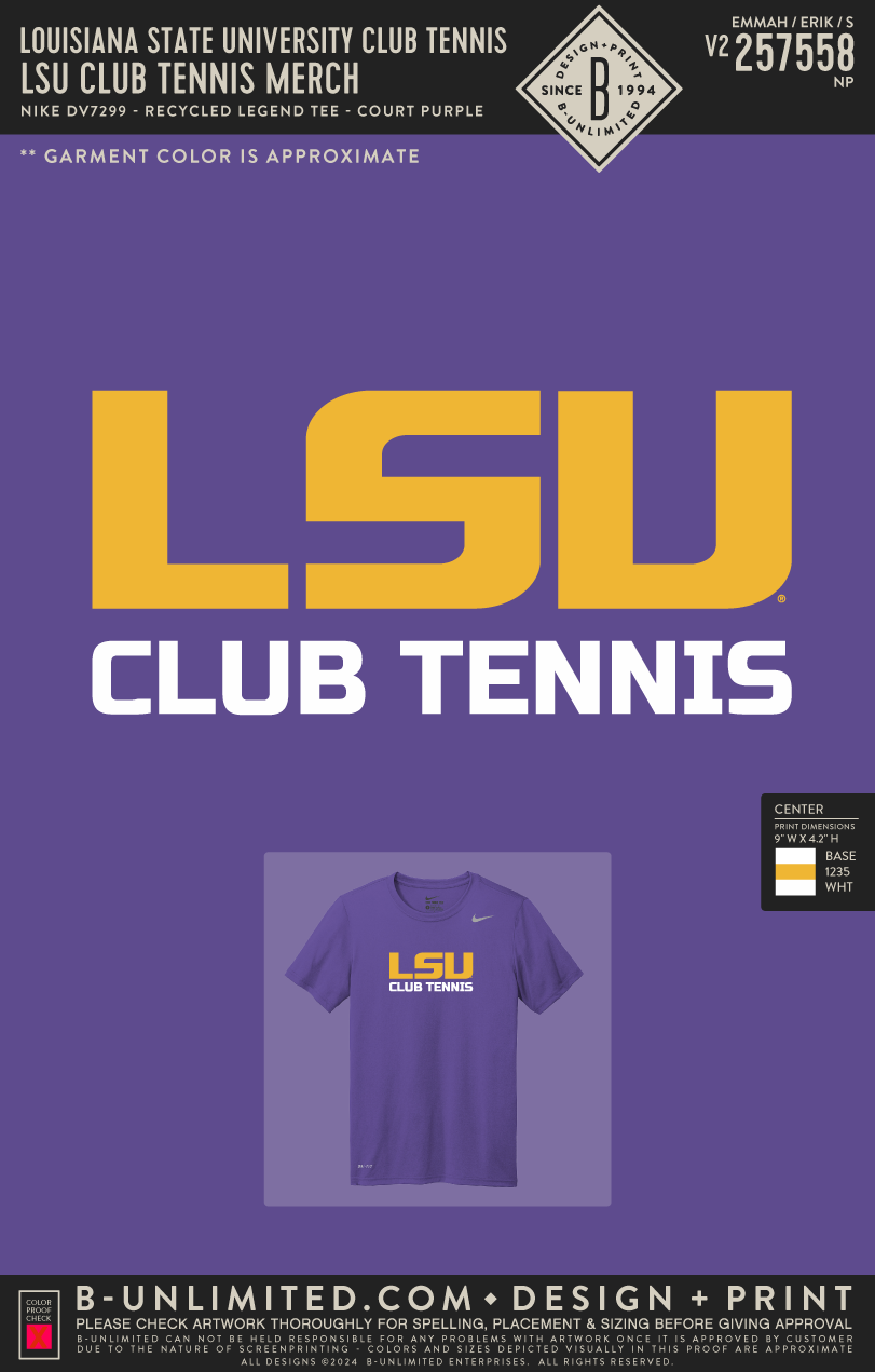 Louisiana State University Club Tennis - LSU Club Tennis Merch - Nike - DV7299 - Recycled Legend Tee - Court Purple