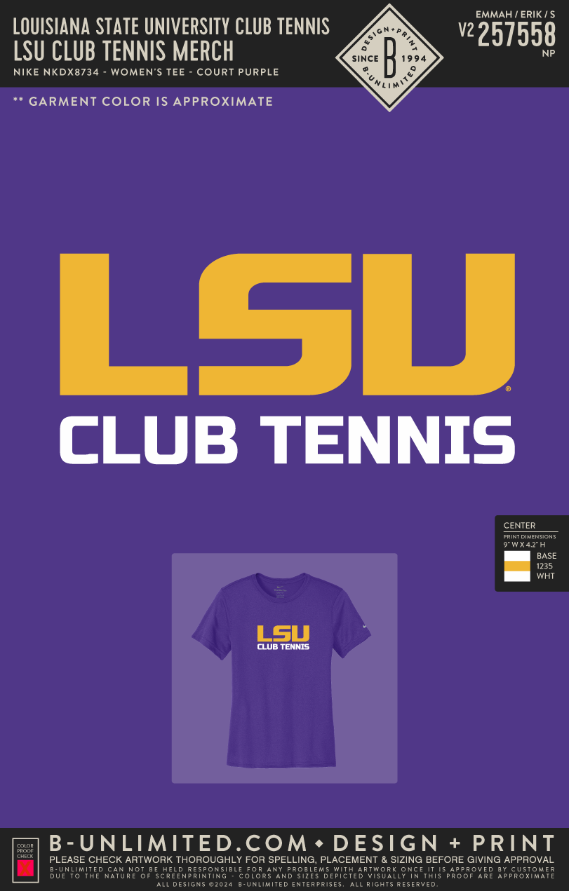 Louisiana State University Club Tennis - LSU Club Tennis Merch - Nike - NKDX8734 - Nike Women's Swoosh Sleeve rLegend Tee - Court Purple