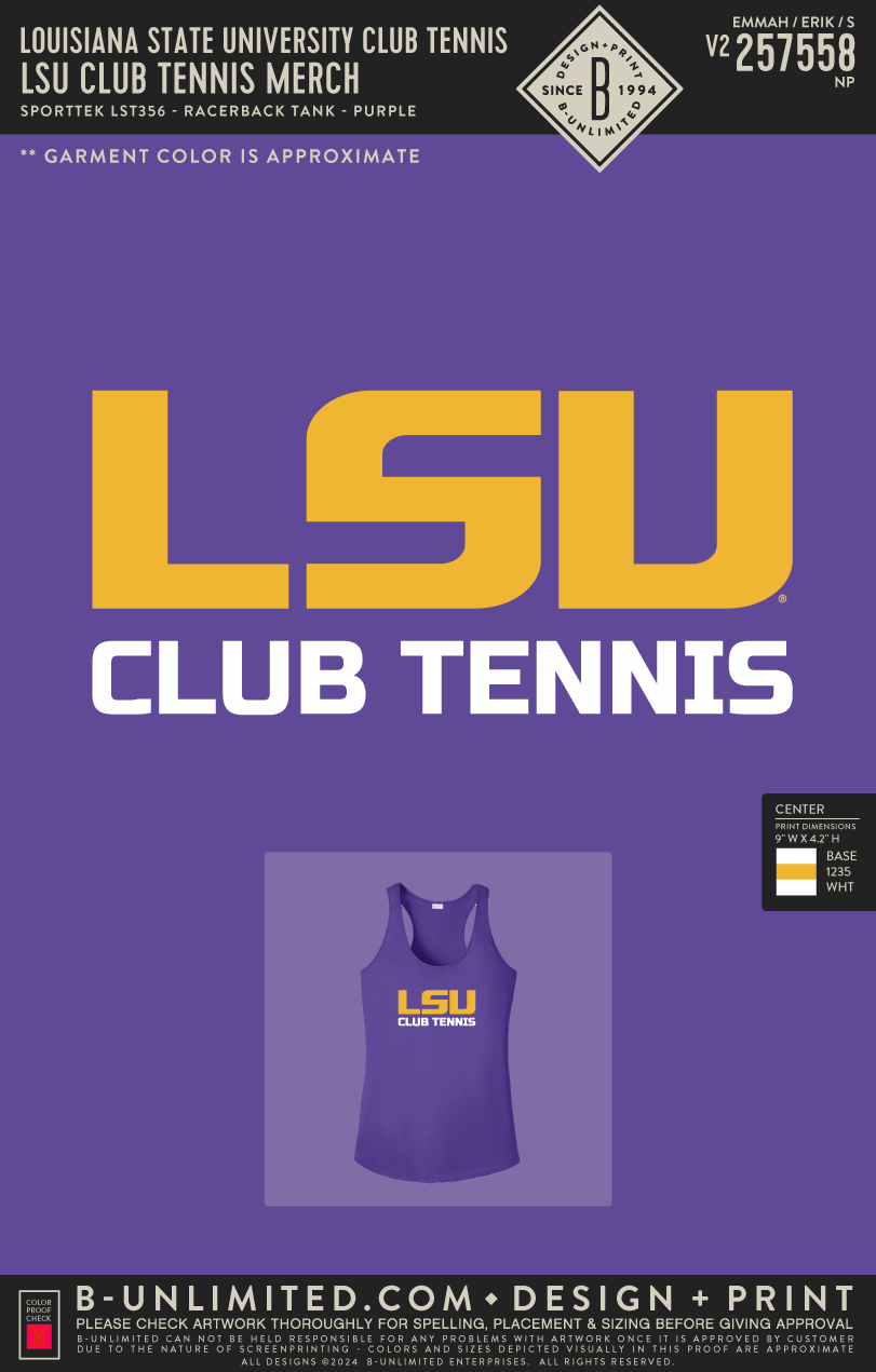 Louisiana State University Club Tennis - LSU Club Tennis Merch - Sport Tek - LST356 - Tank Top - Purple
