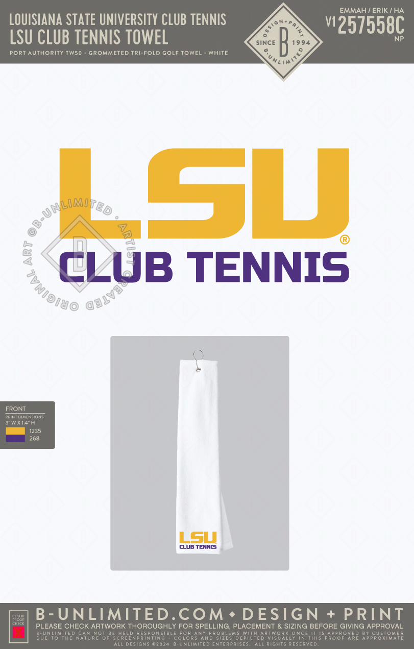 Louisiana State University Club Tennis - LSU Club Tennis Towel - Port Authority - TW50 - Grommeted Tri-Fold Golf Towel - White