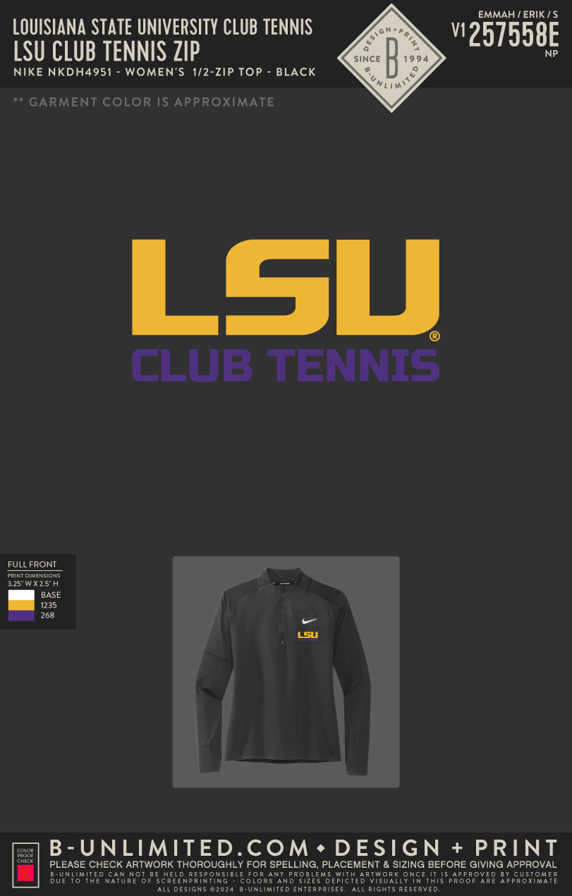 Louisiana State University Club Tennis - ART257558E - LSU Club Tennis Zip - Nike - NKDH4951 - Women's Dri-Fit Element 1/2-Zip - Black