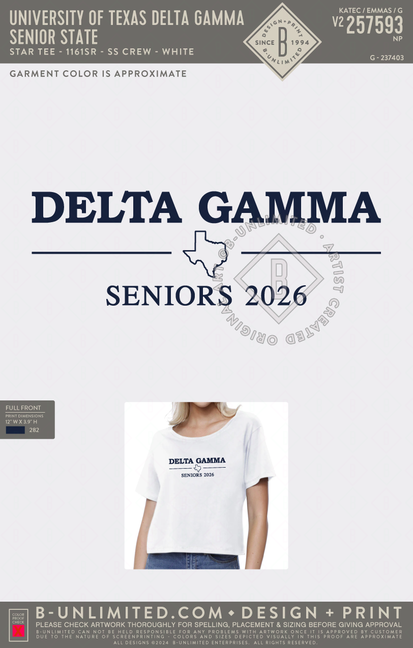 University of Texas Delta Gamma - Senior State - Star Tee - 1161SR - SS Crew - White