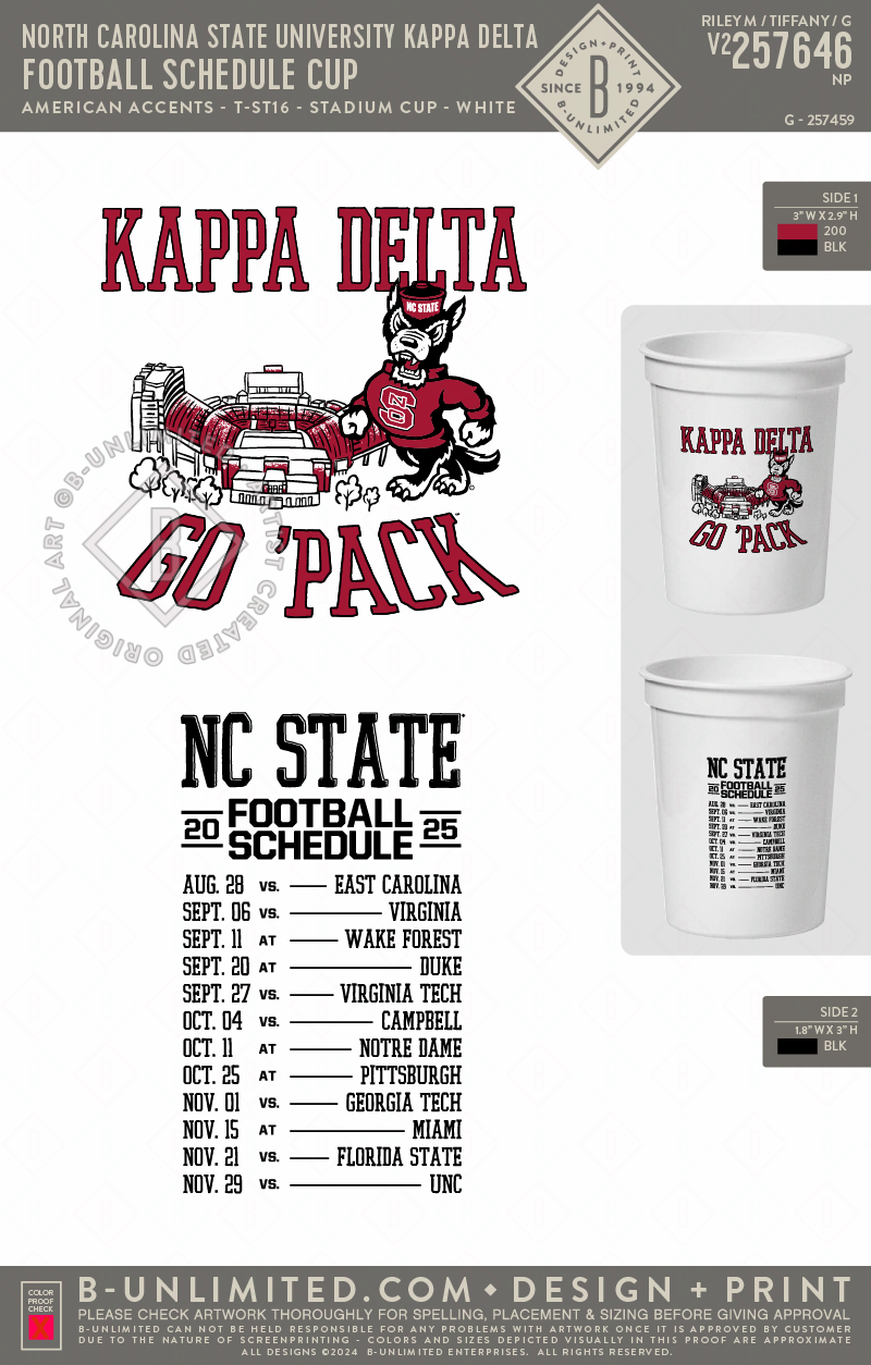 North Carolina State University Kappa Delta - Football Schedule Cup - American Accents - T-ST16 - Stadium Cup - White
