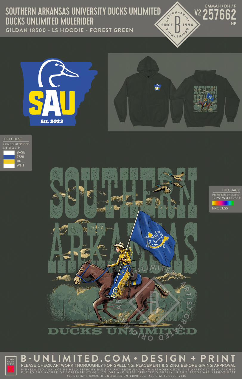Southern Arkansas University Ducks Unlimited - Ducks Unlimited Mulerider - Gildan - 18500 - Hoodie - Forest Green