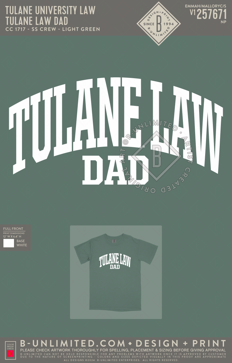 Tulane University Law - Tulane Law Dad - CC - 1717 - SS Crew - Light Green
