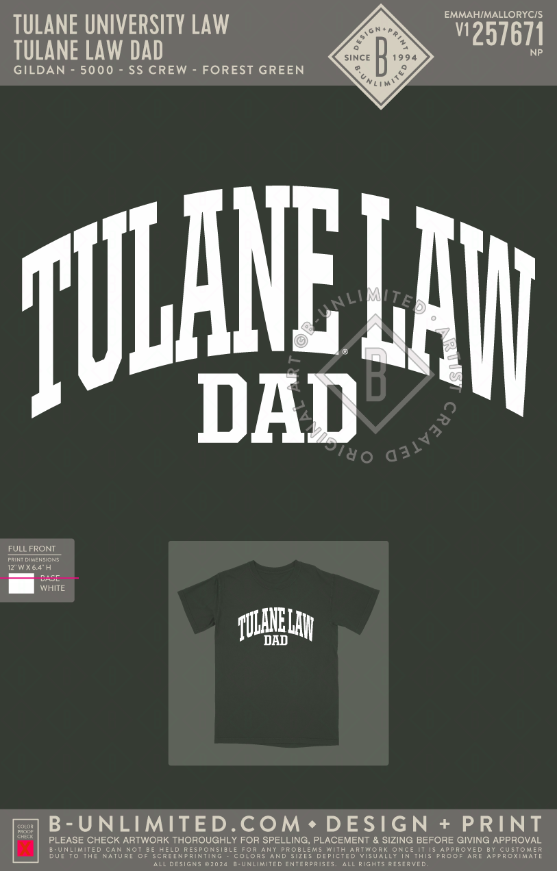Tulane University Law - Tulane Law Dad - Gildan - 5000 - SS Crew - Forest Green