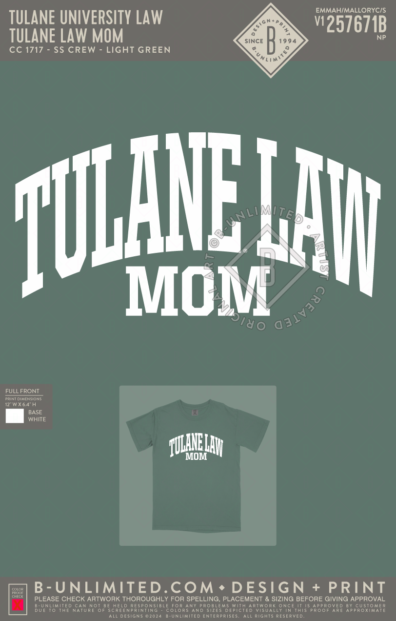 Tulane University Law - Tulane Law Mom - CC - 1717 - SS Crew - Light Green